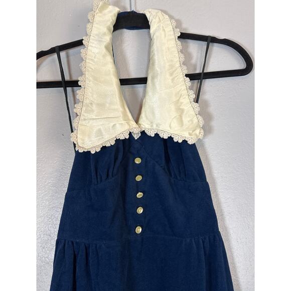 Vintage Navy Blue Halter Dress Lace Collar Cottage Luxe Small 7 Velour Victorian - Picture 2 of 7